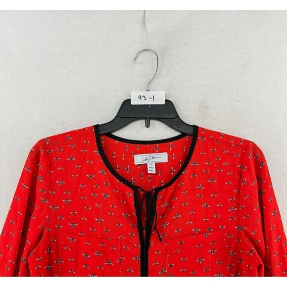 Libby Edelman Blouse Women's Sz XS Red Bee Print Tasseled Tie Front Flowy - Picture 12 of 12